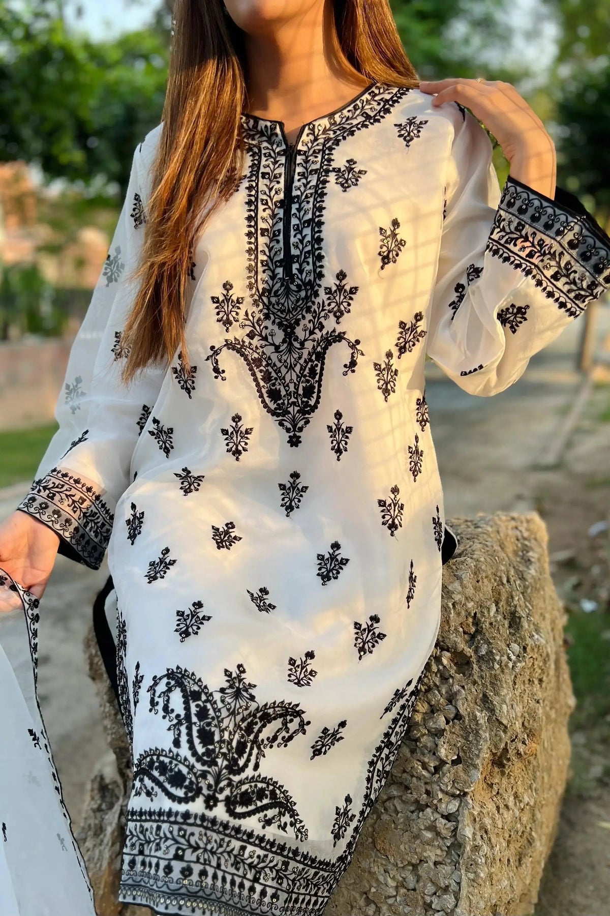 Raunak - Pearl White Embroidered Organza 3 Pec