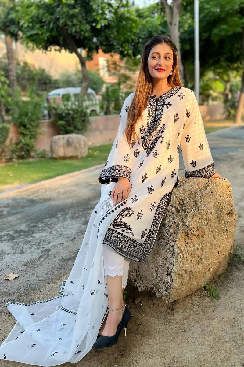 Raunak - Pearl White Embroidered Organza 3 Pec